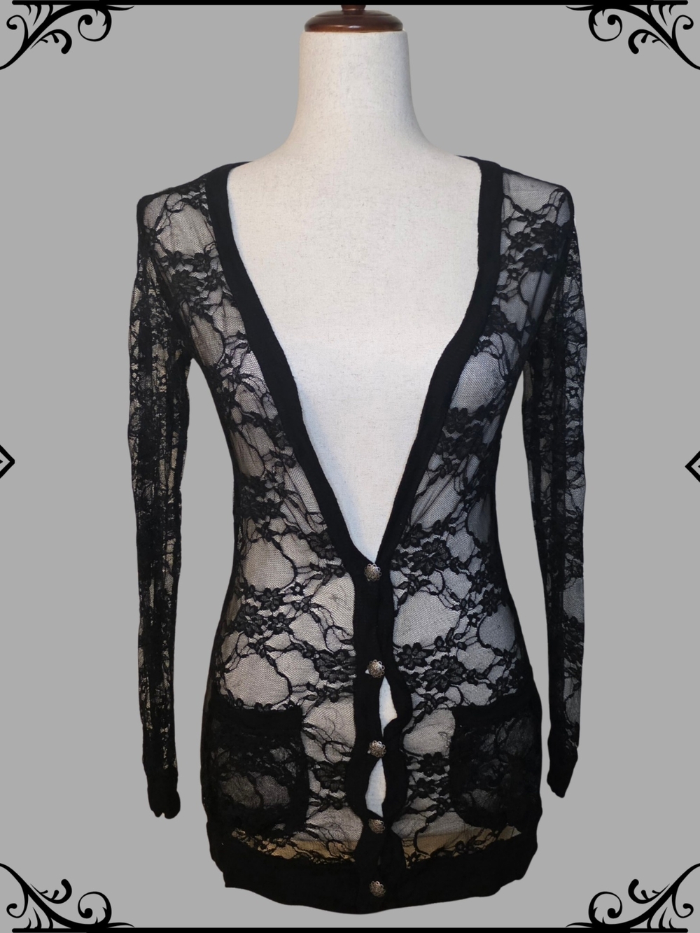 VTG Gothic Ginger G Black Lace Sheer Button Down Top